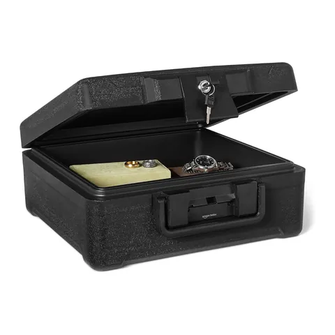 Amazon Basics Fire-Resistant Waterproof Fire Chest with Key, 0.39 cu ft (retailer product photo)