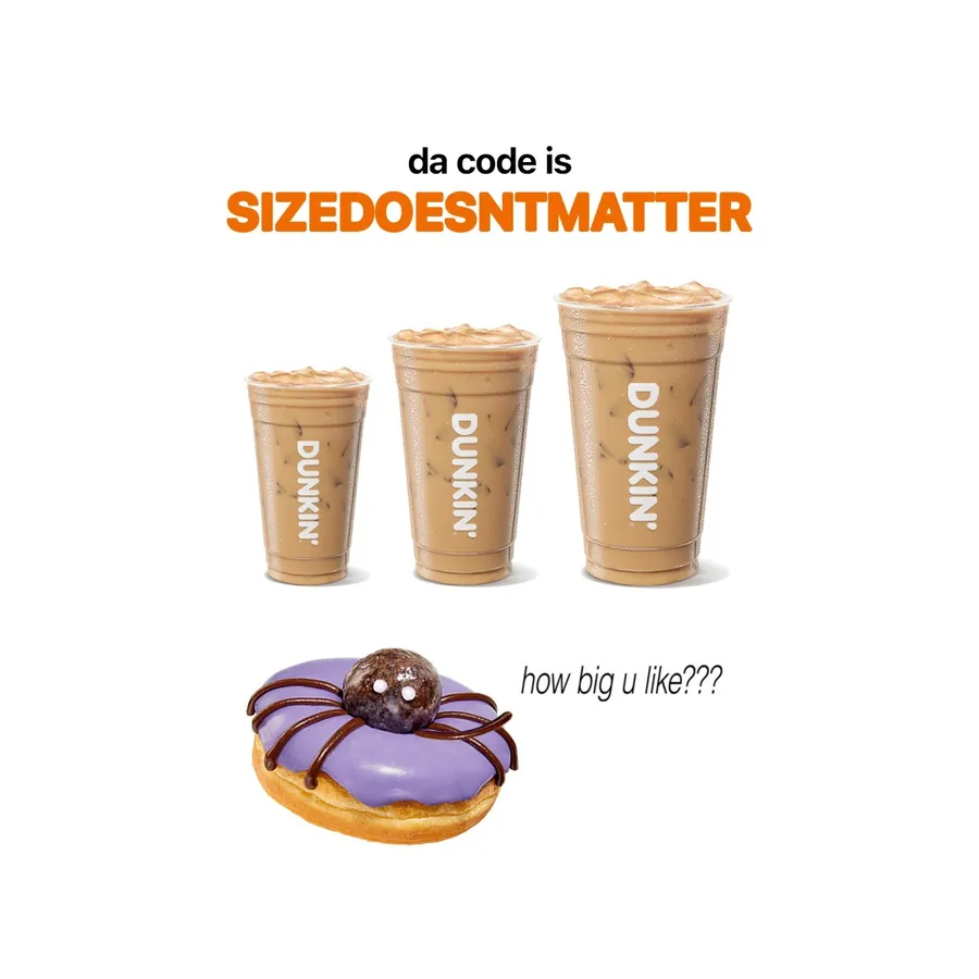 Free Dunkin' iced coffee, any size, with promo code SIZEDOESNTMATTER (Oct 21 only, 1 million codes) (retailer product photo)