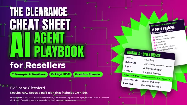 Cover of The Clearance Cheat Sheet: AI Agent Playbook for Resellers, showing a routine card with an approval stop