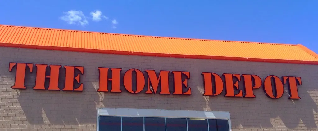 The Home Depot store sign on an orange roofline