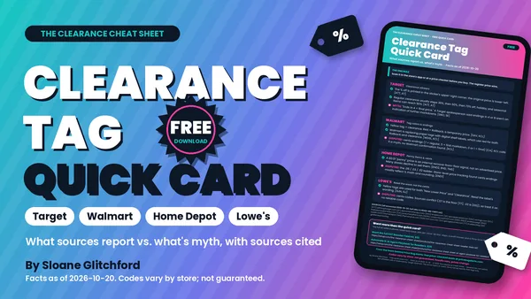 Cover of The Clearance Cheat Sheet: Clearance Tag Quick Card (Free), showing a one-page phone card for Target, Walmart, Home Depot and Lowe's clearance tags