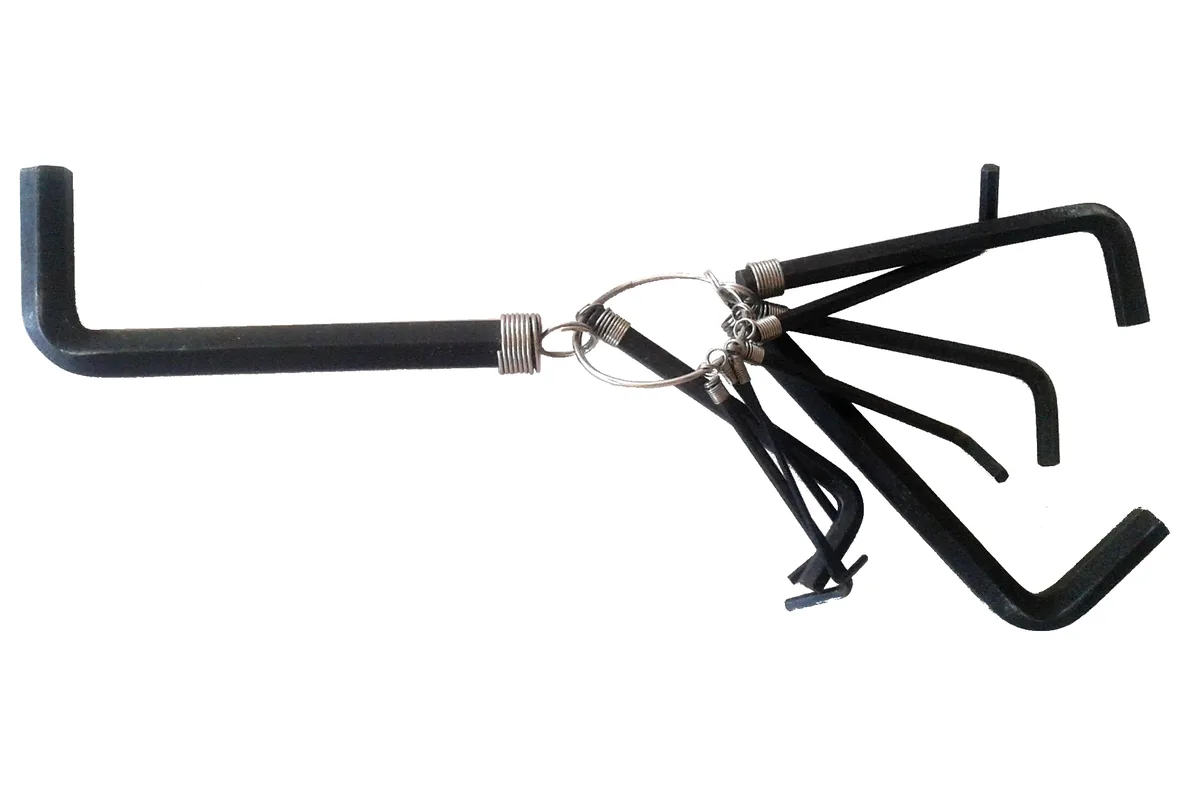 Klein Tools 70542 Compact Folding Hex Key Set, SAE and Metric (2-Pack): stock photo (A set of black L-shaped hex keys on a ring, on a white background), not the actual product